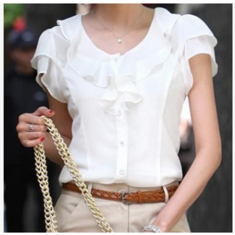 2025 Summer Korean Style Ruffled White Shirt for Women, Short Sleeve, Professional Slim Fit, Slimming Chiffon Blouse 2025 Summer Korean Style Ruffled White Shirt for Women, Short Sleeve, Professional Slim Fit, Slimming Chiffon Blouse