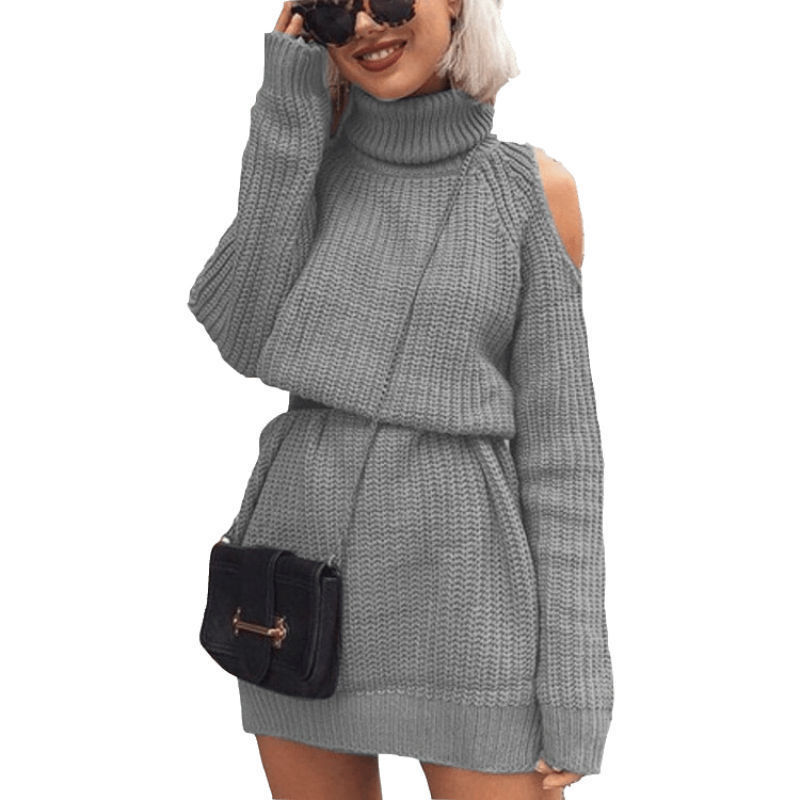 Vestido suéter de cuello alto y hombros descubiertos de longitud media para mujer, estilo europeo y americano, éxito de ventas transfronterizo en Amazon para otoño e invierno 2026