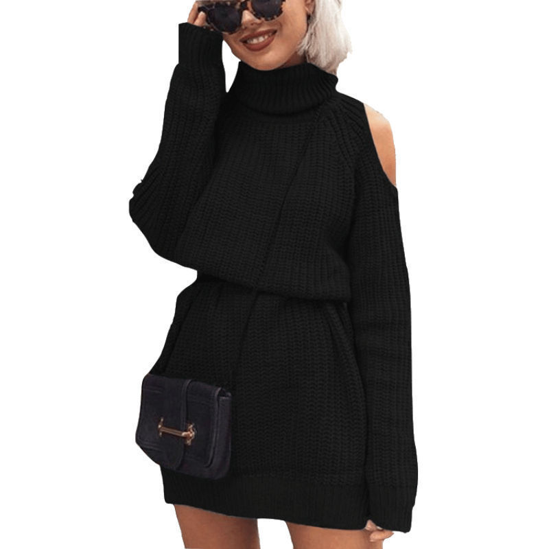 Vestido suéter de cuello alto y hombros descubiertos de longitud media para mujer, estilo europeo y americano, éxito de ventas transfronterizo en Amazon para otoño e invierno 2026