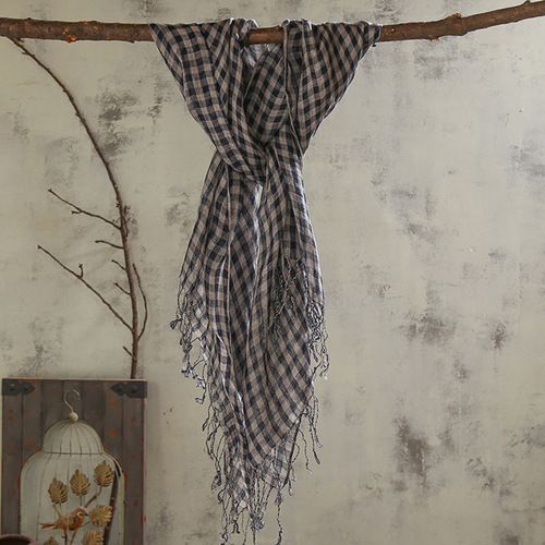 Cross-border foreign trade plaid cotton and linen scarf women's Japanese literary shawl long style warm sunshade scarf available for all seasons