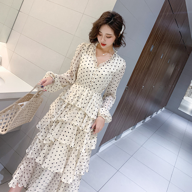Papaya Milk Spring New Arrival Korean Style Elegant V-neck Wave Dot Cake Skirt Waist Slimming Stitching Dress Women's Trendy Papaya Milk Spring New Arrival Korean Style Elegant V-neck Wave Dot Cake Skirt Waist Slimming Stitching Dress Women's Trendy