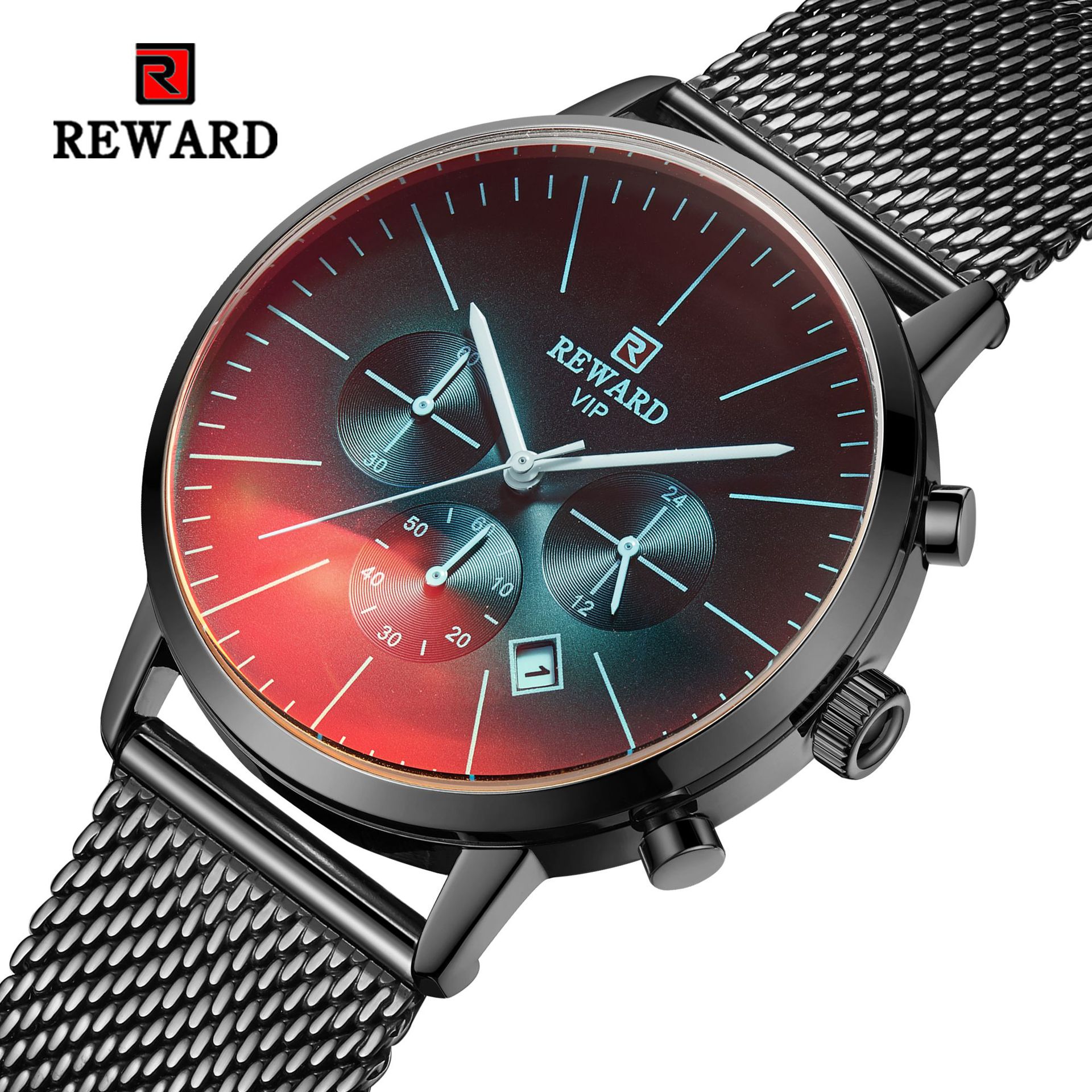 Reward Cross-Border Men's Watch Multi-Functional Sports Quartz Watch Stainless Steel Mesh Strap Men's Watch Color-Changing Glass