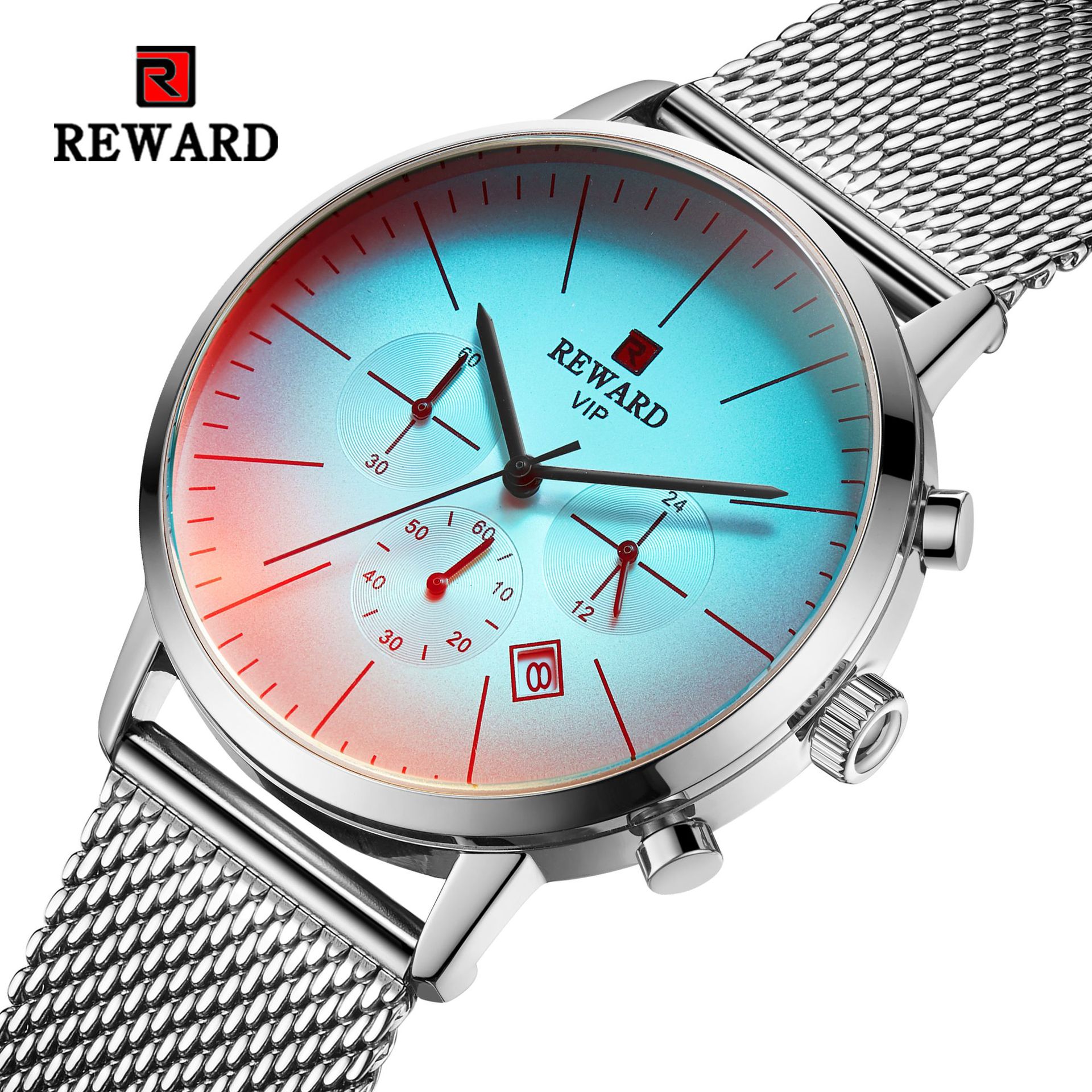 Reward Cross-Border Men's Watch Multi-Functional Sports Quartz Watch Stainless Steel Mesh Strap Men's Watch Color-Changing Glass