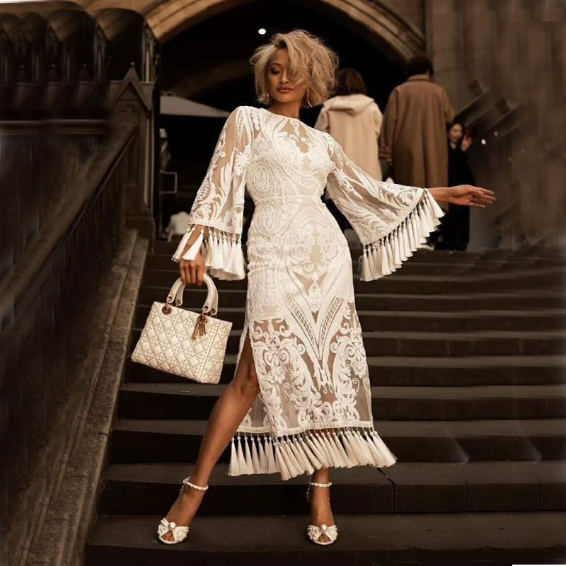 European and American Clothing Banquet Party Evening Dress Amazon Wish Lace Embroidered Tassel Dress Two-Piece Summer Set