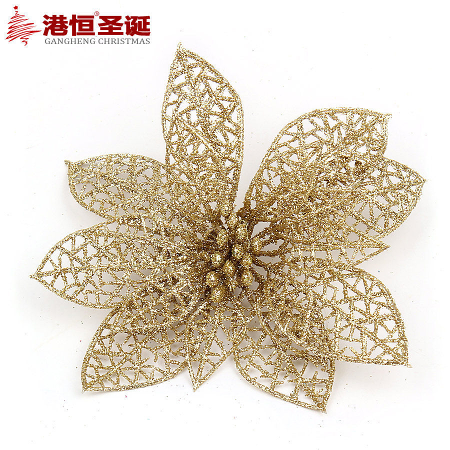 Flores navideñas huecas de polvo dorado, decoración para corona de árbol de Navidad, suministros navideños, adornos colgantes para ambiente navideño, decoraciones de flores artificiales