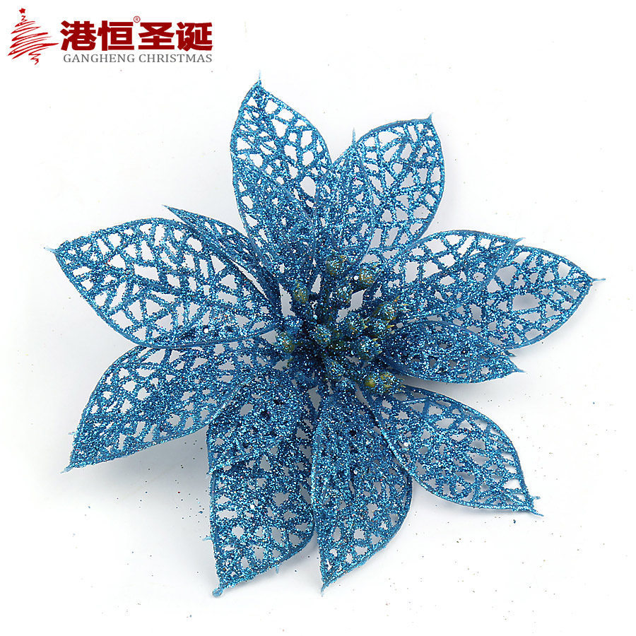 Flores navideñas huecas de polvo dorado, decoración para corona de árbol de Navidad, suministros navideños, adornos colgantes para ambiente navideño, decoraciones de flores artificiales