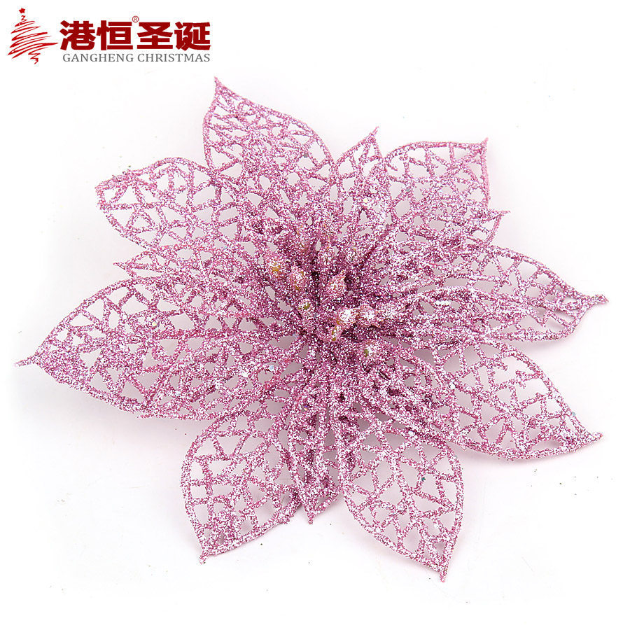 Flores navideñas huecas de polvo dorado, decoración para corona de árbol de Navidad, suministros navideños, adornos colgantes para ambiente navideño, decoraciones de flores artificiales