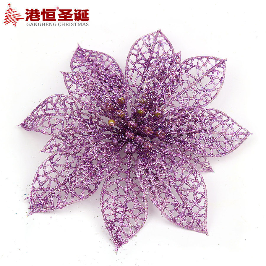 Flores navideñas huecas de polvo dorado, decoración para corona de árbol de Navidad, suministros navideños, adornos colgantes para ambiente navideño, decoraciones de flores artificiales