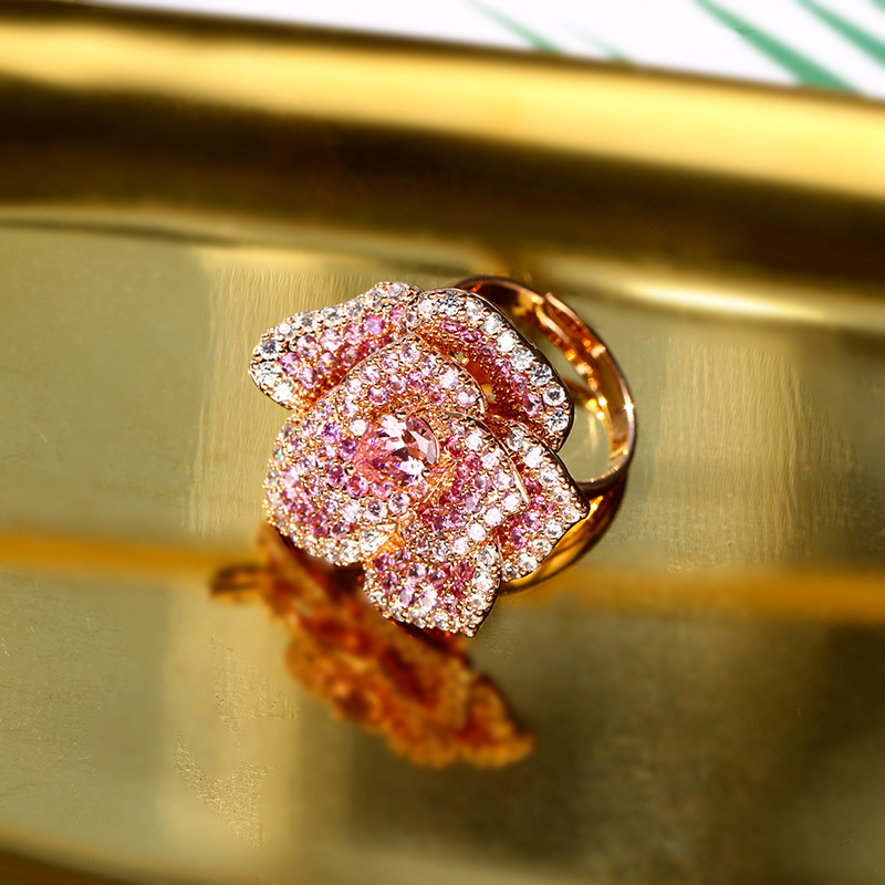 European and American New Pink Zircon Diamond Ring Three-dimensional Rose Camellia Opening Ring Fashion Jewelry Accessories for Women
