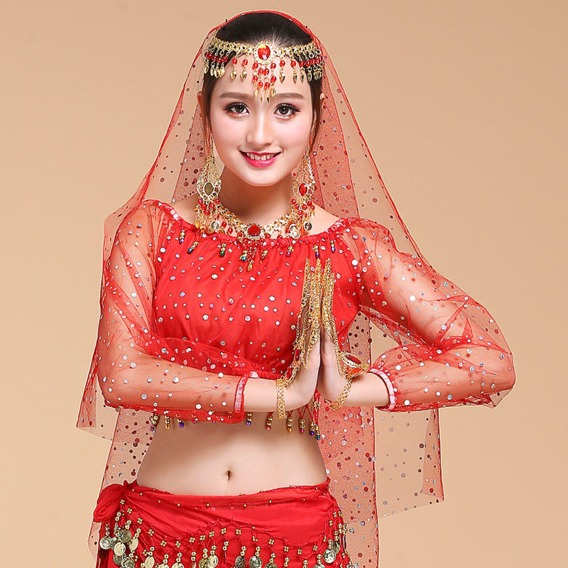 New Indian Dance Performance Accessories Belly Dance Colored Long Sleeve Veil Headwear Necklace Earrings Nail Set Bracelet