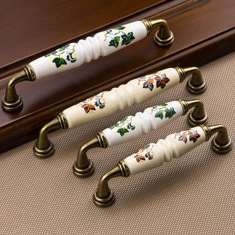 Hoja verde rojo antiguo patrón marrón manija de cerámica pastoral muebles manija de la puerta del gabinete muebles del cajón manija de un solo agujero