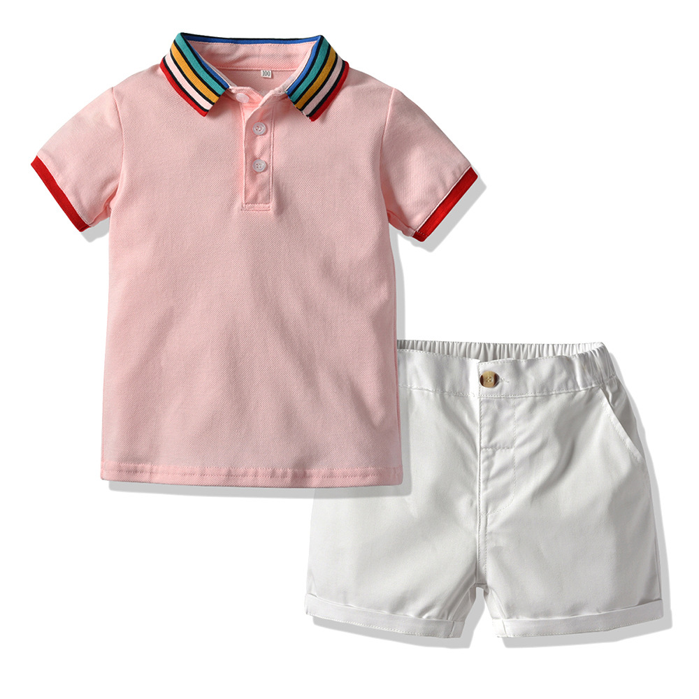 Nuevos productos ropa para niños moda arco iris cuello polo jersey de manga corta para niños pantalones cortos casuales ropa de comercio exterior de dos piezas