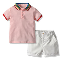 New Kids Fashion Rainbow Collar Polo Shirt Boys Short Sleeve Hooded Sweatshirt Casual Shorts Two-Piece Set Imported Clothing