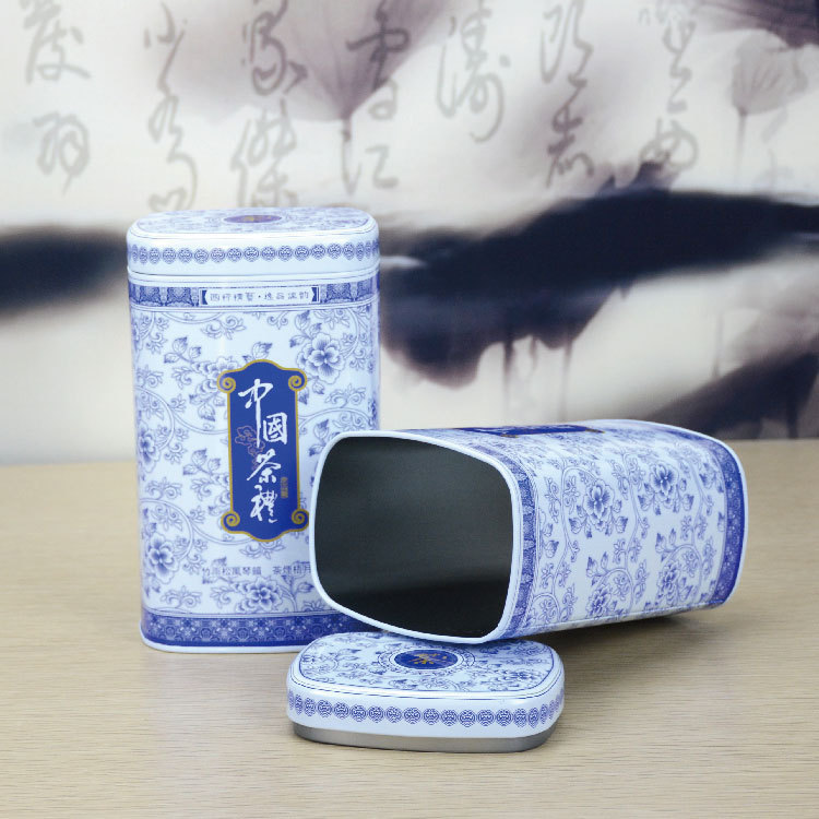 包邮 037中国茶礼蓝马口铁茶叶罐铁罐铁盒方形通用金属小茶罐批发