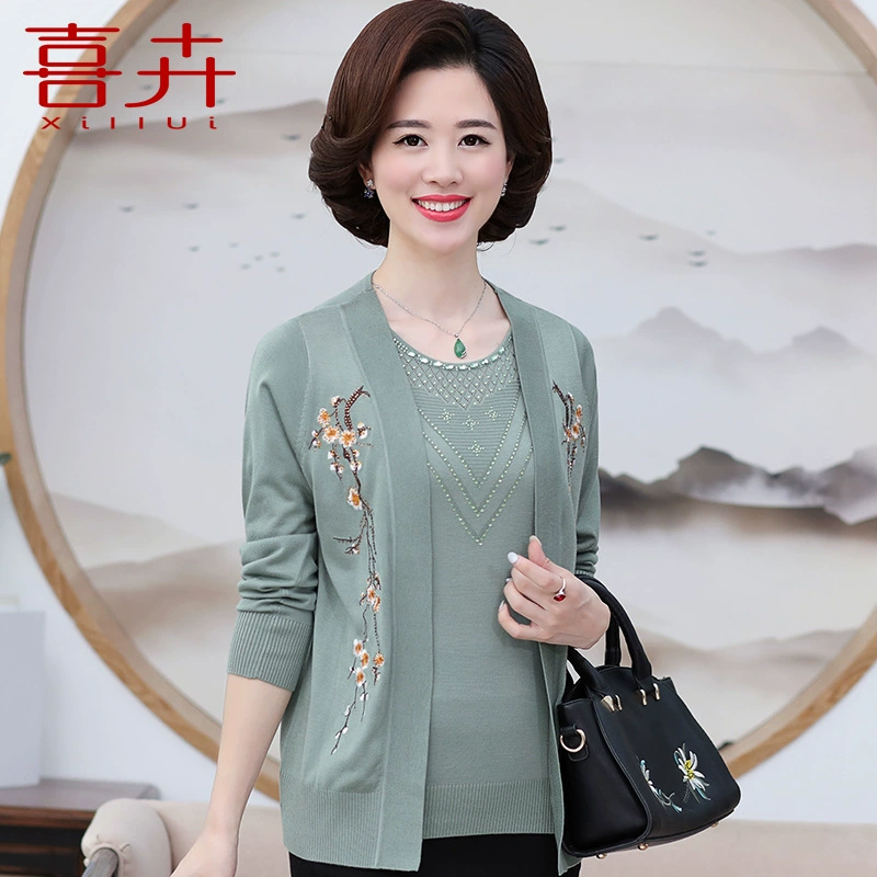 Комплект из двух предметов для матери среднего и пожилого возраста, весенняя одежда для женщин среднего и пожилого возраста, тонкий вязаный кардиган в западном стиле, куртка, короткий топ