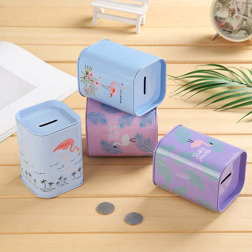New tinplate piggy bank, cartoon flamingo piggy bank, children's student coin change storage metal tank