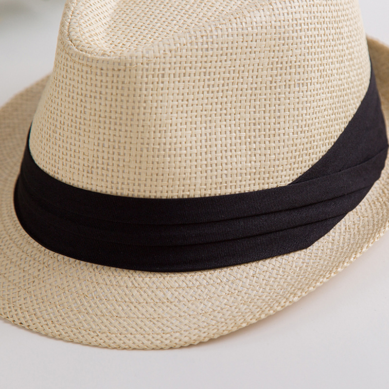 Curling sombrero de jazz verano paja tejida transpirable sombrero de paja cinturón negro sombrero de sol sombrero casual británico sombrero de copa
