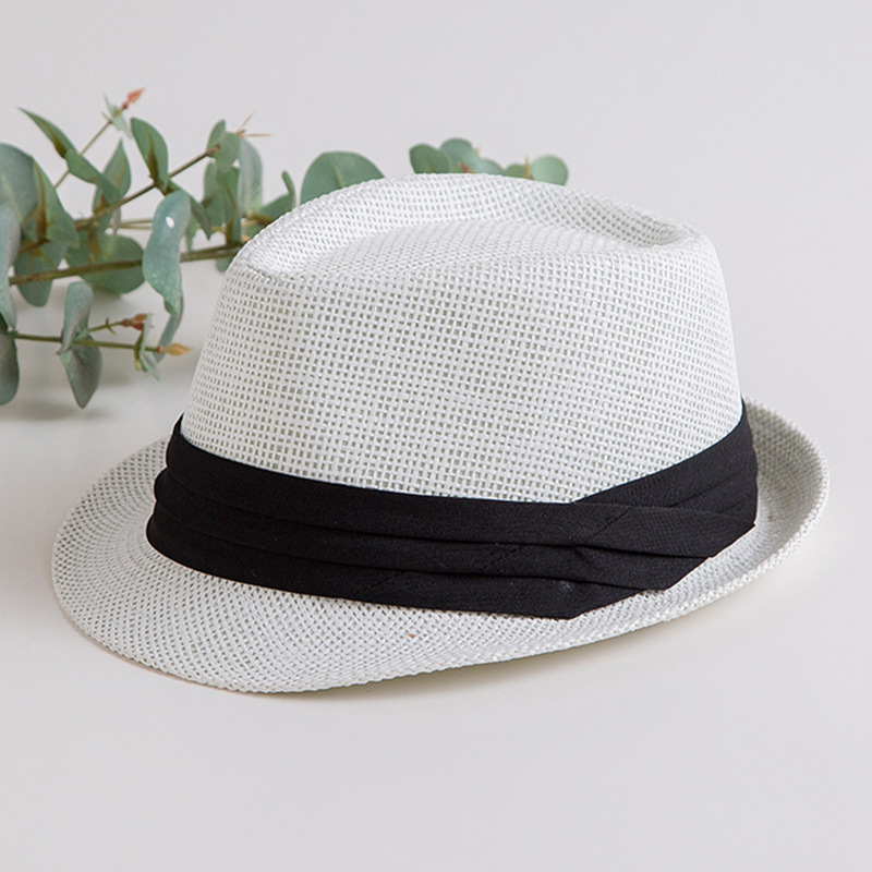 Curling sombrero de jazz verano paja tejida transpirable sombrero de paja cinturón negro sombrero de sol sombrero casual británico sombrero de copa