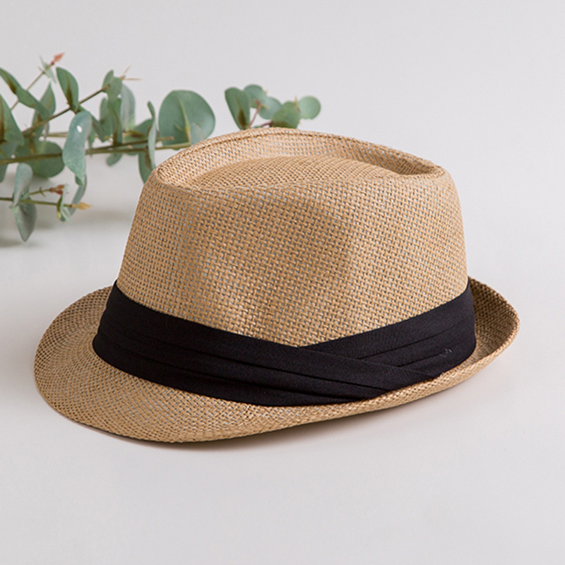 Curling sombrero de jazz verano paja tejida transpirable sombrero de paja cinturón negro sombrero de sol sombrero casual británico sombrero de copa