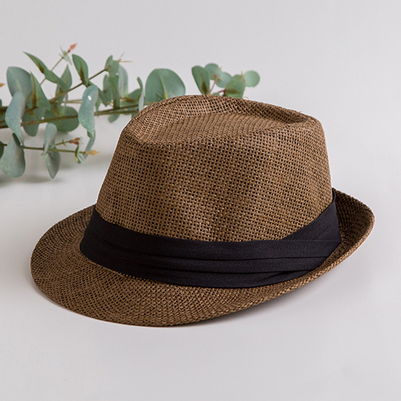 Curling sombrero de jazz verano paja tejida transpirable sombrero de paja cinturón negro sombrero de sol sombrero casual británico sombrero de copa