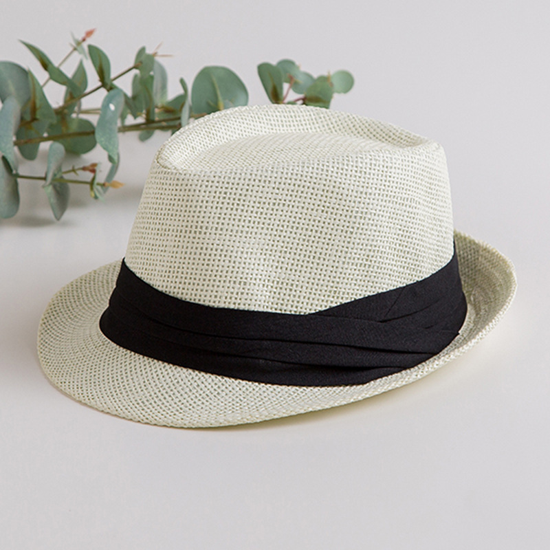 Curling sombrero de jazz verano paja tejida transpirable sombrero de paja cinturón negro sombrero de sol sombrero casual británico sombrero de copa