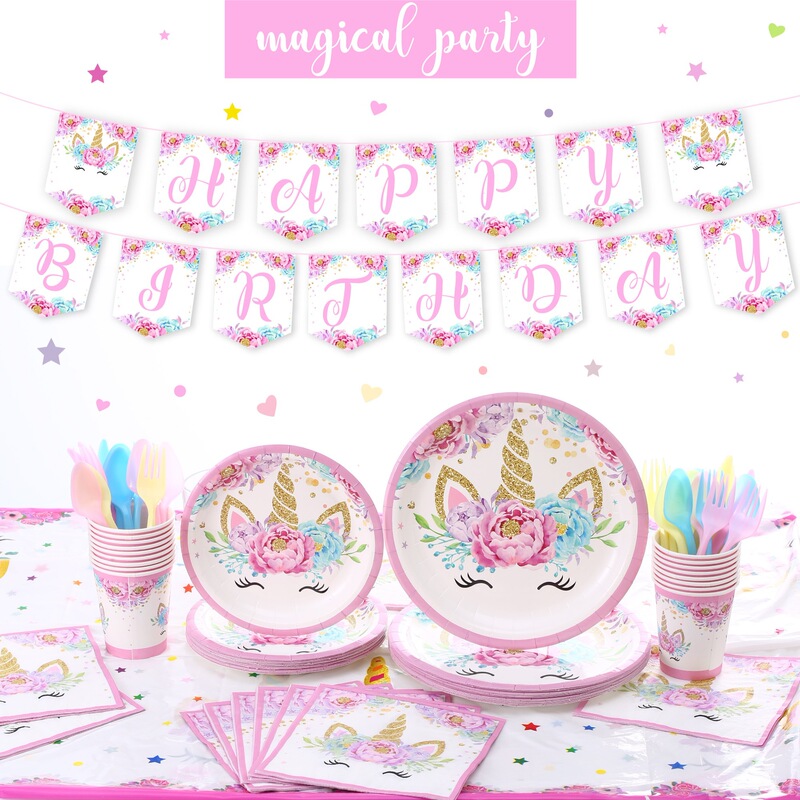 New Unicorn Birthday Party Set Decorative Props Paper Tray Paper Tissue Paper Cup Children's Birthday Supplies Not Infringement