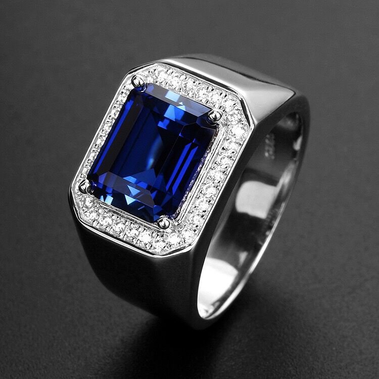 Simulated Blue Corundum Sapphire Men's Diamond-encrusted Open Ring Plated White Gold Tan Color Men's Ring Loose Ring