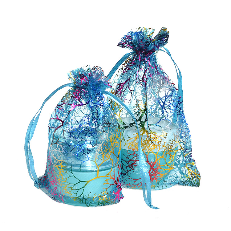 多尺寸网纱袋  烫金珊瑚图案欧根纱袋 礼品饰品束口纱布袋现货