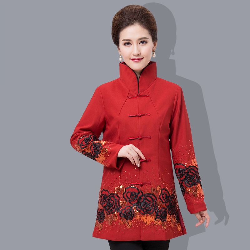中式中长长袖女式上衣红色绣珠片黑带绣中长款妈妈装复古唐装新品
