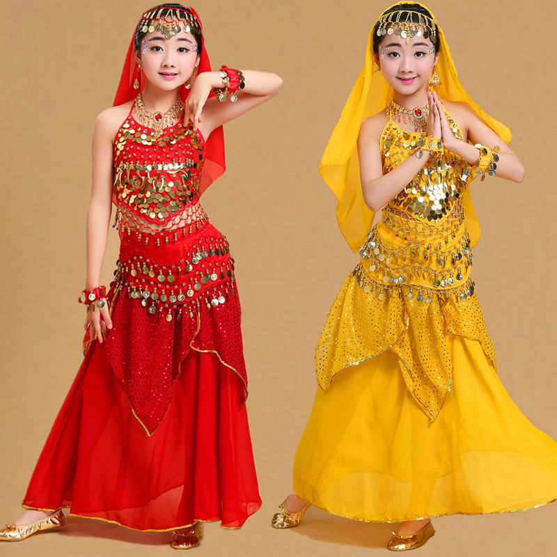 Children's Dance Clothing Indian Dance Performance Ethnic Xinjiang Dance Kidsren's Belly Dance Highlight Skirt Practice Performance Clothing Set Children's Dance Clothing Indian Dance Performance Ethnic Xinjiang Dance Kidsren's Belly Dance Highlight Skirt Practice Performance Clothing Set