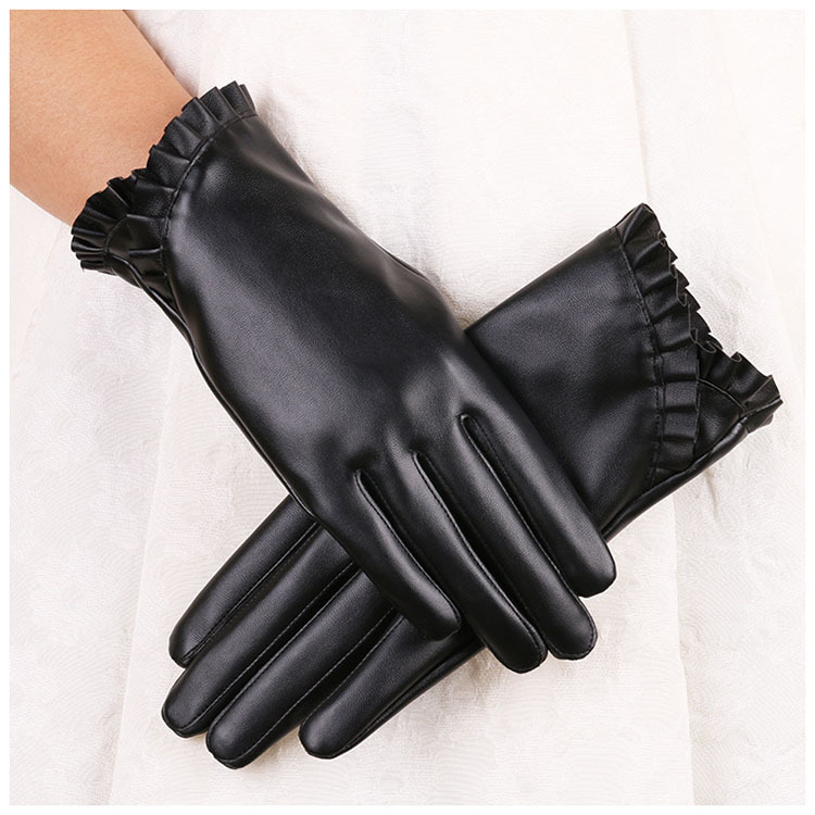 Guantes calientes de otoño e invierno para mujer de moda de encaje de cuero PU de estilo coreano forrado de lana a prueba de frío a prueba de agua guantes de pantalla táctil de moda