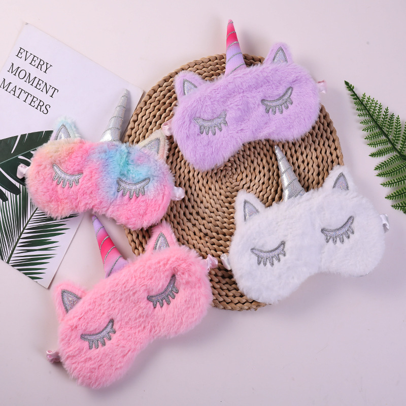 ins Cross-border Amazon New Unicorn Eye Mask Cartoon Silver Horn Plush Sleep Eye Mask Four-color Skin Sticker