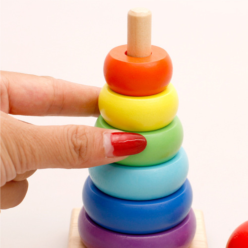 Wooden balls wooden rainbow tower children's large colorful ring puzzle game Jenga tumbler wooden toy