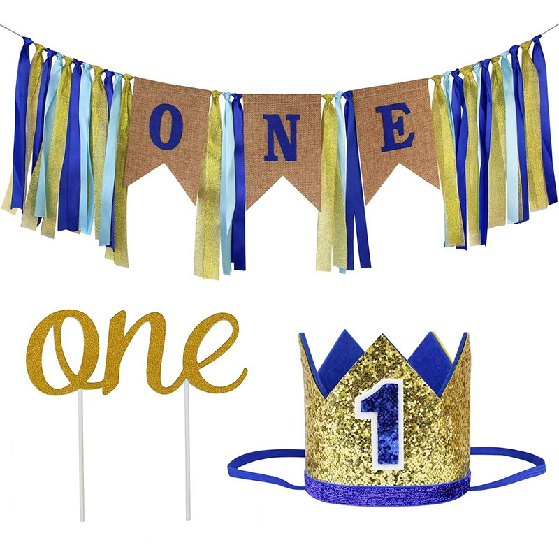 Набор украшений для детского дня рождения: флаги из мешковины, корона, топпер для торта, градиентная скатерть для стола
