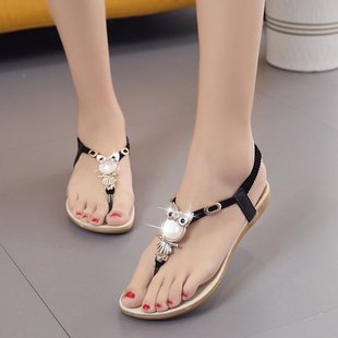 Women's sandals 2022 summer new Bohemian women's shoes owl beaded flat sandals toe sandals wholesale