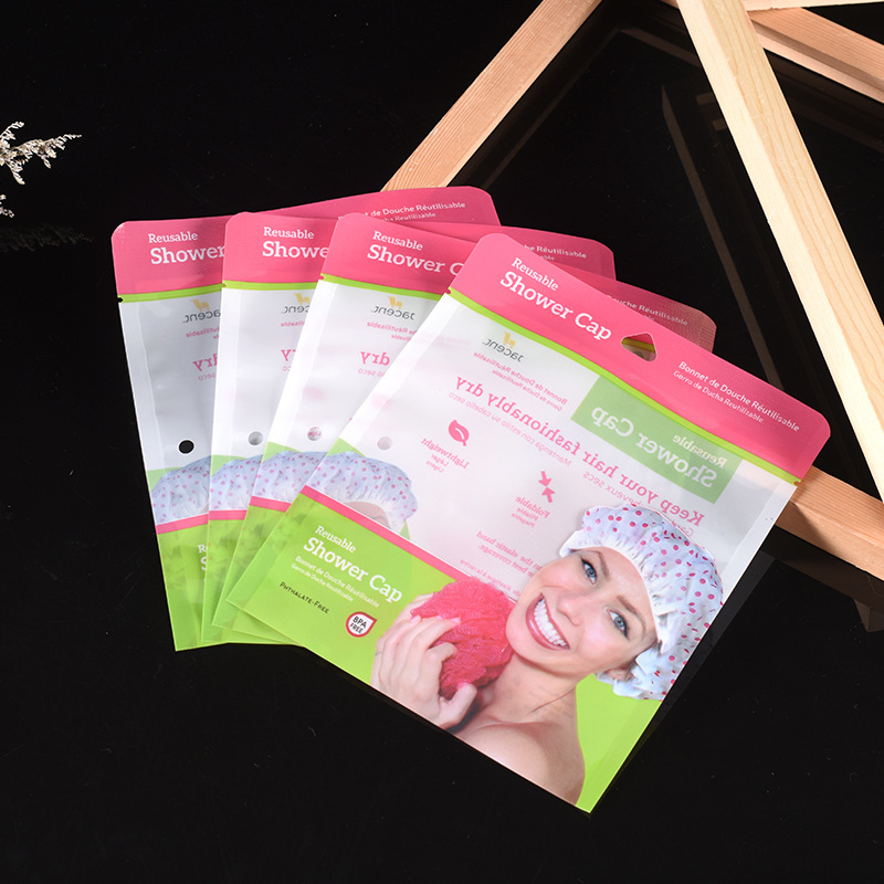 淋浴球花瓣淋浴帽英文包装袋 有撕口封面印刷自封自立开窗塑料袋