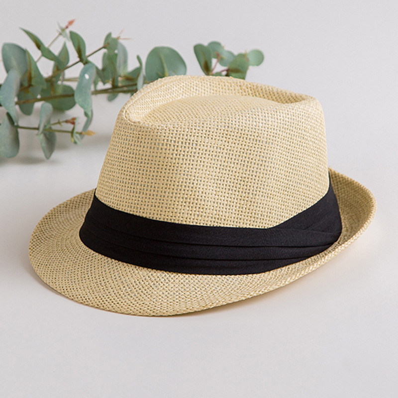 Curling sombrero de jazz verano paja tejida transpirable sombrero de paja cinturón negro sombrero de sol sombrero casual británico sombrero de copa