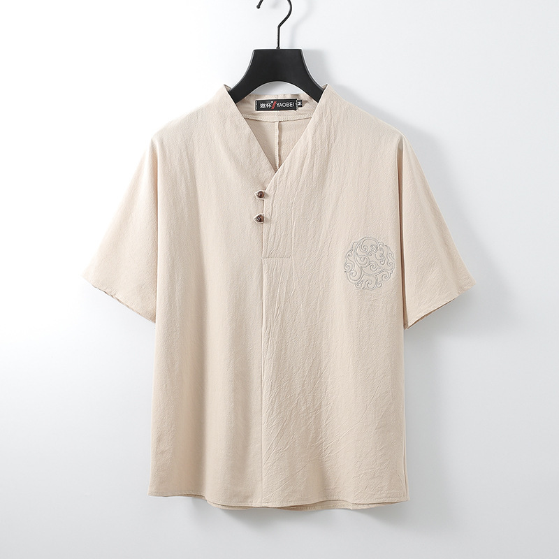 Chinese Style Men's Linen Shirt Men's Short-Sleeved Loose Large Size Retro Style T-Shirt Buckle Summer Cotton and Linen Tops