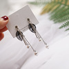 Black retro earrings, long advanced crystal with tassels, french style, light luxury style, high-quality style, simple and elegant design