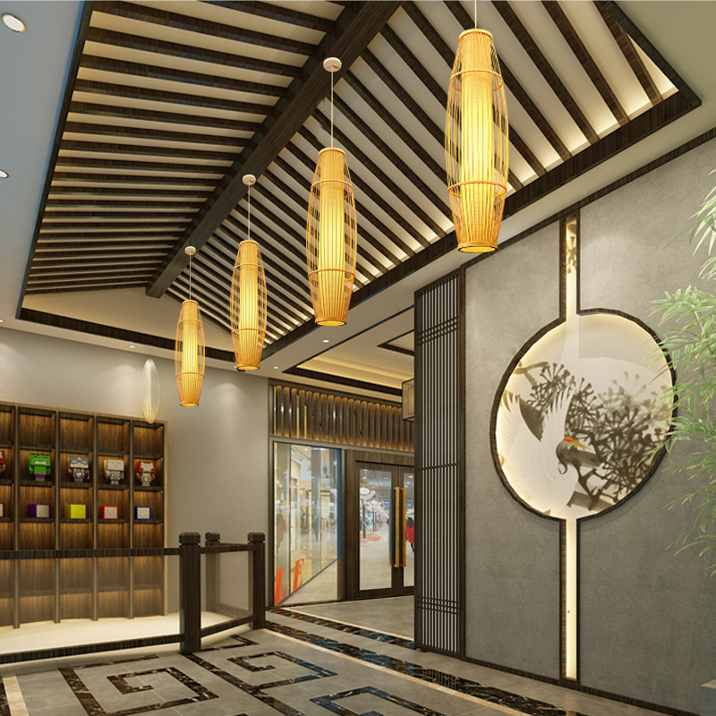 Lámpara de linterna de bambú para el hogar de estilo chino Zen lámpara de sala de té antigua casa de té pasillo japonés jaula de pájaros lámpara de Bambú