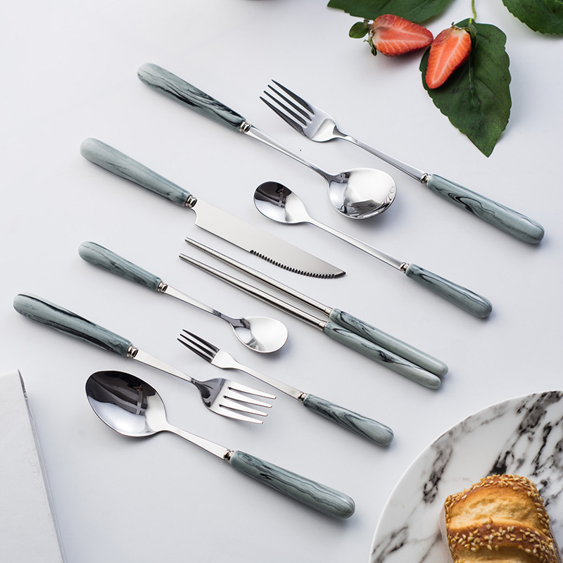Chao Bai Ceramic Nordic Marble Pattern Pink Ceramic Western Food Steak Knife Stainless Steel Fork Spoon Chopsticks Tableware