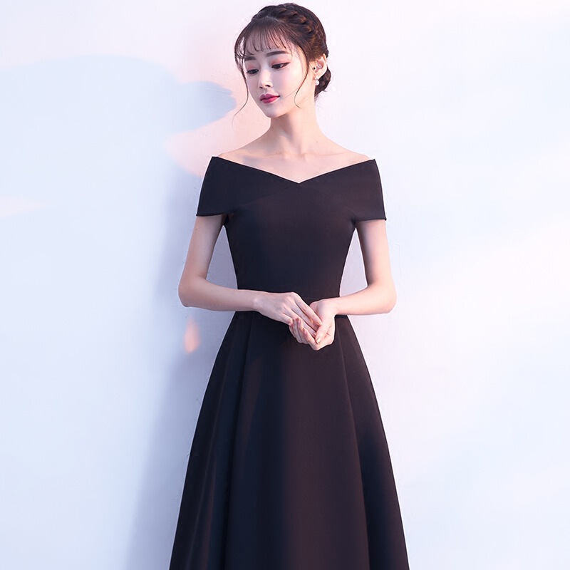 Evening Dress Women's 2022 New Black Banquet off-shoulder Dress Small Dress Party Party Slimming Mid-length Dress