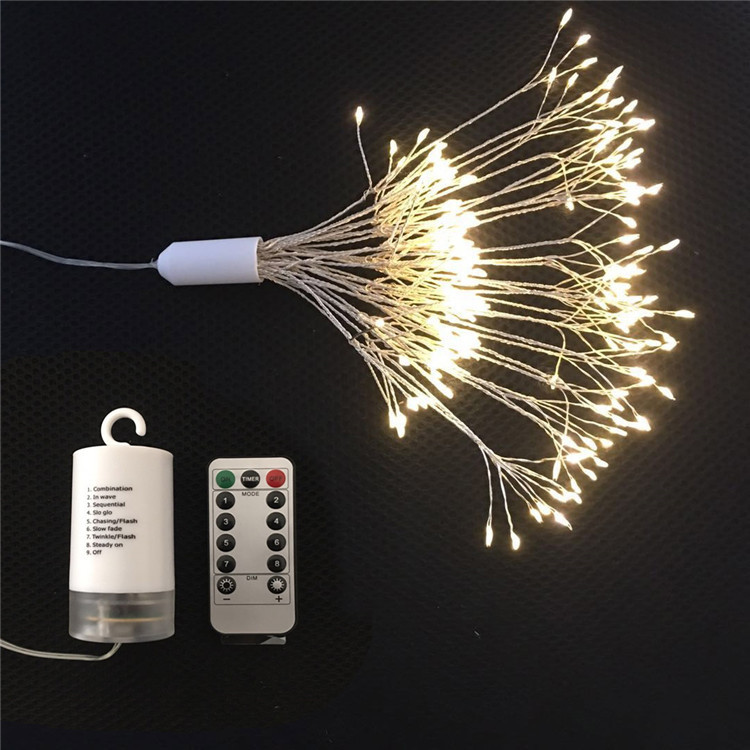 Nuevo en stock led4aa ocho funciones de control remoto caja de la batería explosión de luz fuegos artificiales forma cobre alambre cadena luces Navidad Decoración