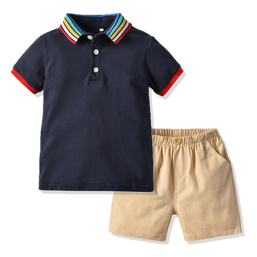 新品童装时尚彩虹领Polo衫男童短袖套头衫休闲短裤两件套外贸服装