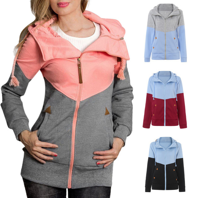 Aliexpress Amazon Sweatshirt Women's Personalized Double Zipper Color Block Hooded Long-Sleeved Velvet Jacket
