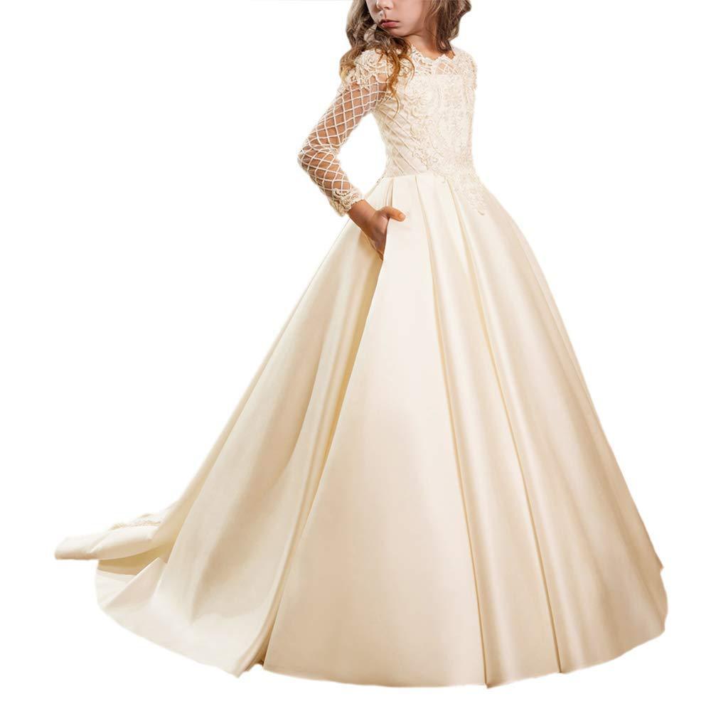 Comercio exterior Vestido de niños europeos y americanos vestido de niña de flores para niños Satén de encaje de manga larga rendimiento pasarela vestido esponjoso de niña
