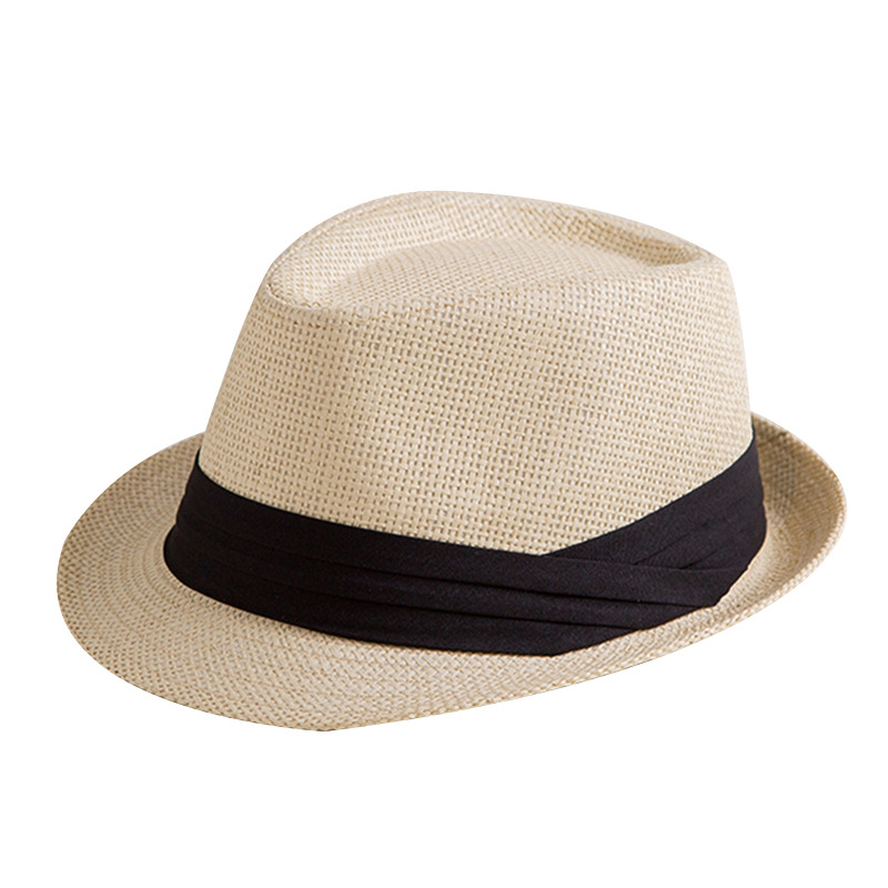 Curling sombrero de jazz verano paja tejida transpirable sombrero de paja cinturón negro sombrero de sol sombrero casual británico sombrero de copa
