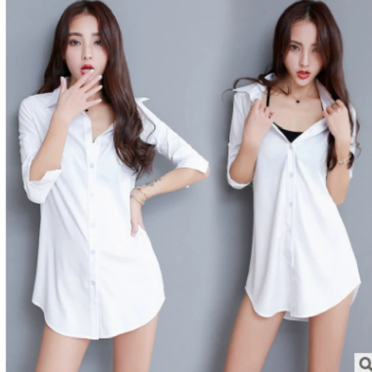 Белая рубашка студентка средней длины в Корейском стиле BF свободная сексуальная пижама топ с длинными рукавами шифоновое нижнее платье-рубашка