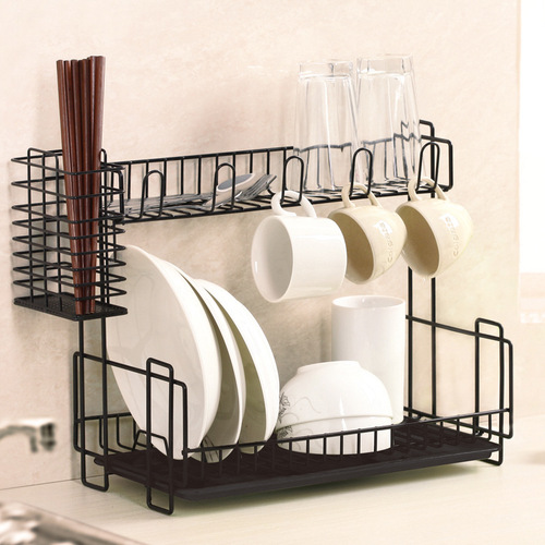 Nachen Double-layer Dish Rack with Water Catchment Tray Wholesale Multi-functional Kitchen Bowl Plate Chopstick Storage Shelf