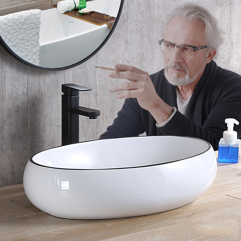 Moderno nórdico negro borde Mesa lavabo Oval Hotel lavabo rectangular balcón cuenca lavado lavabo